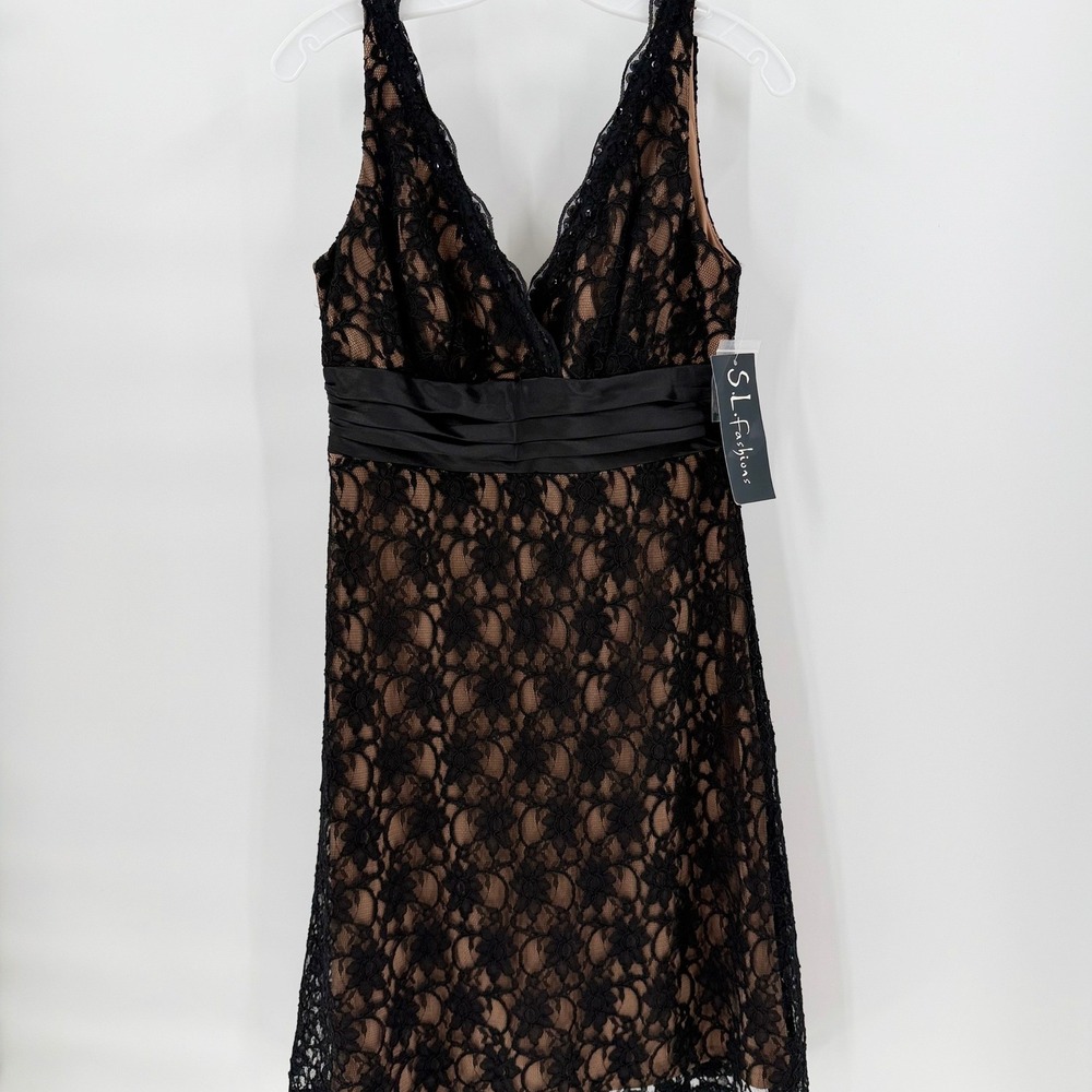 SL FASHIONS Black Lace Cocktail Dress Size 8 Nude Lined Wedding Guest New Tags
